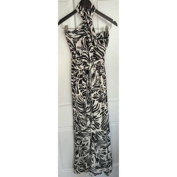 Willow Monaco Tropical Leaf Print Black and White Halter Jumpsuit Size S NWOT - Picture 3 of 8
